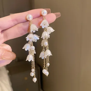 Yeni Moda Püskül Beyaz Akrilik Çiçek inci küpeler Kadınlar İçin Zarif Çan Orkide Damla Küpe düğün takısı