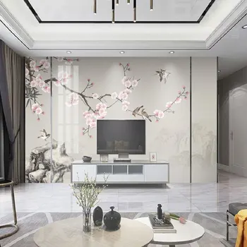 Özel Duvar Kağıdı Yeni Çin Tarzı El-Boyalı Erik Çiçeği Ve Kuş Klasik Arka Plan duvar tablosu