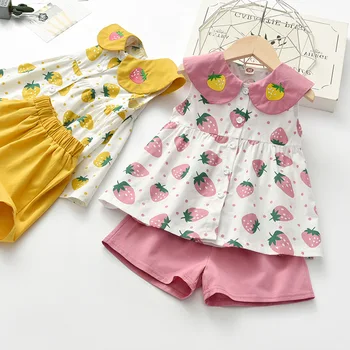 Çocuk Kız yaz giysileri Bebek Kız Kolsuz Bebek yaka Ananas Baskı T-shirt + Şort Giyim Seti çocuk Kostümleri