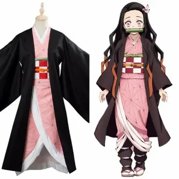 OEING Yeni İblis Avcısı Kamado Nezuko Cosplay Kostümleri Kimono Cos Kıyafet Yetişkin Cadılar Bayramı Saç + Takunya